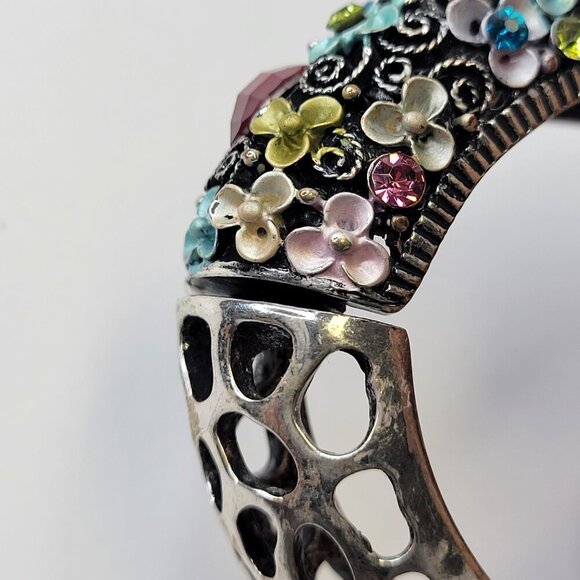 Colorful Floral Cuff Bangle SilverTone Cuff with colorful Rhinestones - Picture 9 of 13